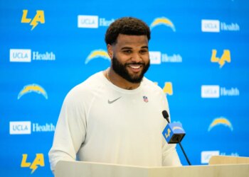 Chargers rookie football player speaking at a press conference.