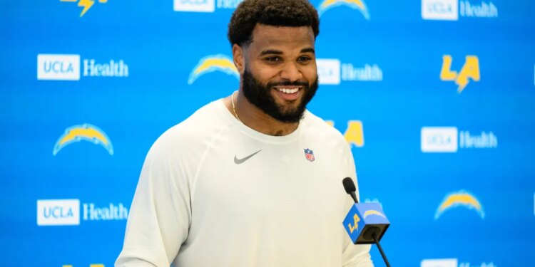 Chargers rookie football player speaking at a press conference.