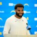 Chargers rookie football player speaking at a press conference.