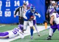 Cornerback Deonte Banks #2 of the New York Giants runs the ball as linebacker Ivan Pace Jr. #0 of the Minnesota Vikings tackles during the second half at MetLife Stadium, Sunday, Dec. 21, 2025, in East Rutherford, New Jersey.