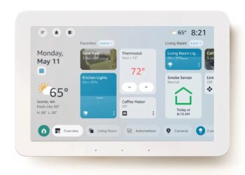 An Amazon Echo Hub displaying the redesigned home screen