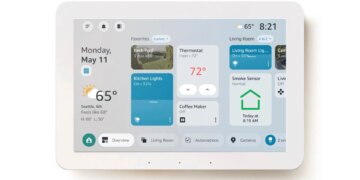 An Amazon Echo Hub displaying the redesigned home screen
