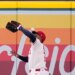 Los Angeles Angels right fielder Jo Adell misplays a ball hit by Colorado Rockies' TJ Rumfield that hit him in the head and then bounced out for a solo home run during the fourth inning of a baseball game Tuesday, June 2, 2026, in Anaheim, Calif.
