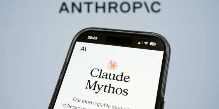 A smartphone displaying "Claude Mythos" by Anthropic on its screen.
