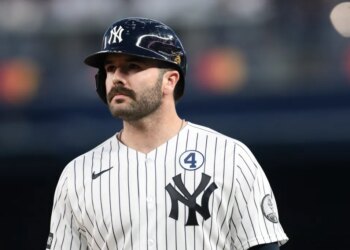 New York Yankees catcher Austin Wells (28) reacts during the fourth inning against the Cleveland Guardians at Yankee Stadium.