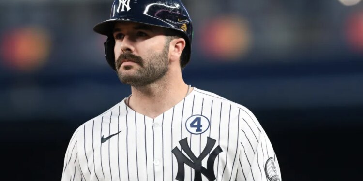 New York Yankees catcher Austin Wells (28) reacts during the fourth inning against the Cleveland Guardians at Yankee Stadium.