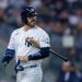 New York Yankees catcher Austin Wells (28) strikes out in the seventh inning against the Boston Red Sox at Yankee Stadium, Friday, June 5, 2026, in Bronx, NY.