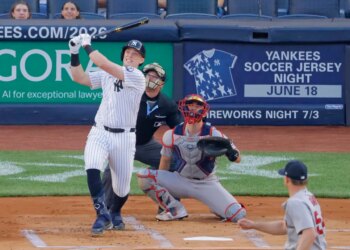 New York Yankees first baseman Ben Rice hitting a solo home run.