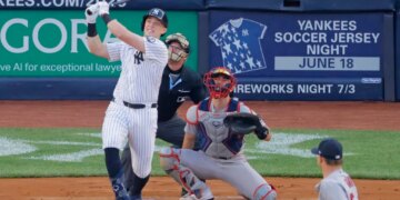 New York Yankees first baseman Ben Rice hitting a solo home run.