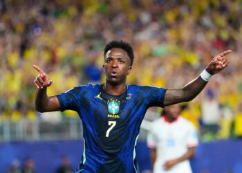 Vinicius Junior celebrates a goal for Brazil.