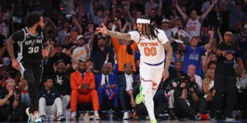 New York Knicks guard Jordan Clarkson #00 reacts after hitting a three-point shot in Game 3 of the 2026 NBA Finals.