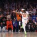 New York Knicks guard Jordan Clarkson #00 reacts after hitting a three-point shot in Game 3 of the 2026 NBA Finals.