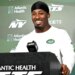 A smiling Breece Hall talks to reporters during Jets minicamp on June 16, 2026.