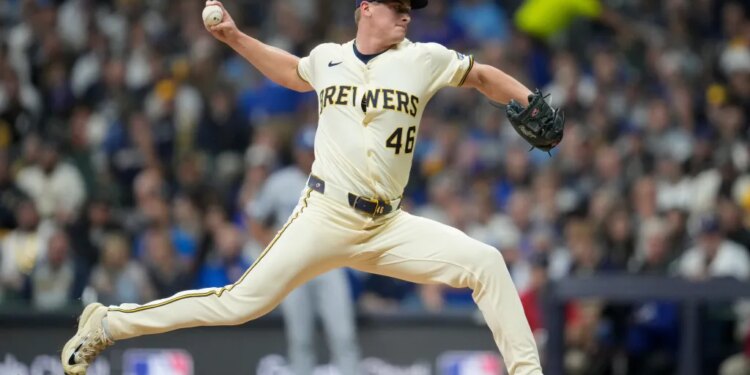 Milwaukee Brewers pitcher Quinn Priester throws against the Los Angeles Dodgers.