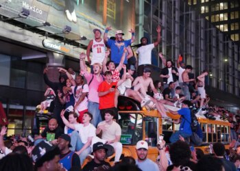 Fans reacting after the New York Knicks beat the San Antonio Spurs in game 5 of the 2026 NBA Finals as seen in New York, NY on June 13, 2026.