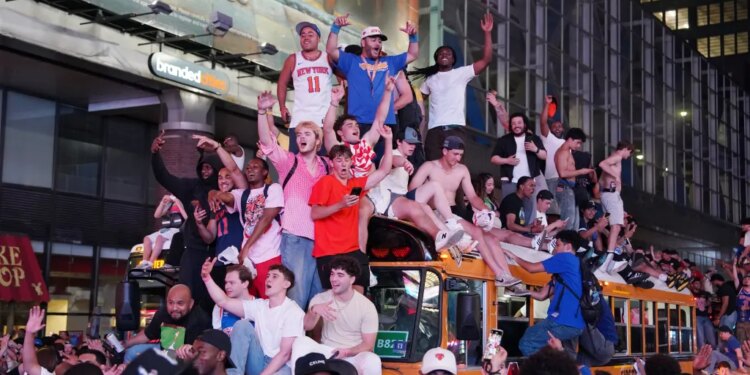 Fans reacting after the New York Knicks beat the San Antonio Spurs in game 5 of the 2026 NBA Finals as seen in New York, NY on June 13, 2026.