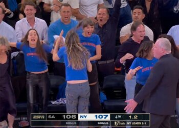 Taylor Swift and the Haim sisters react to the Knicks' historic comeback against the Spurs in Game 4 of the NBA Finals in New York on June 10, 2026.