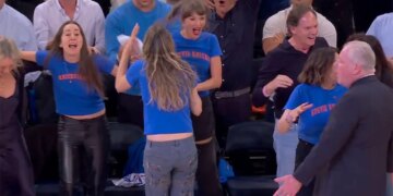 Taylor Swift and the Haim sisters react to the Knicks' historic comeback against the Spurs in Game 4 of the NBA Finals in New York on June 10, 2026.