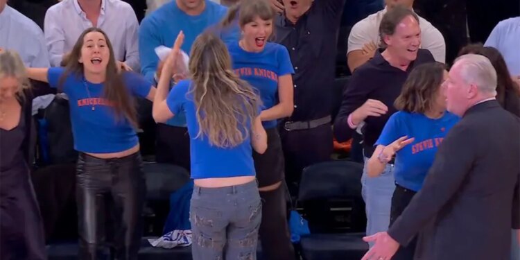 Taylor Swift and the Haim sisters react to the Knicks' historic comeback against the Spurs in Game 4 of the NBA Finals in New York on June 10, 2026.