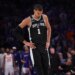 San Antonio Spurs forward Victor Wembanyama #1 reacts on the court during a foul shot in the fourth quarter.