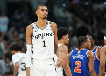 San Antonio Spurs forward Victor Wembanyama (1) reacts during game two of the 2026 NBA Finals.