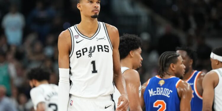 San Antonio Spurs forward Victor Wembanyama (1) reacts during game two of the 2026 NBA Finals.