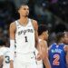 San Antonio Spurs forward Victor Wembanyama (1) reacts during game two of the 2026 NBA Finals.