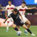 Christian Pulisic looks to make a move on Oguz Aydin during the USMNT's 3-2 loss to Turkey on June 25, 2026 in Inglewood, Calif.