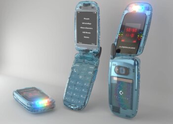 Three translucent blue flip phones, in various states of openness.