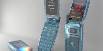 Three translucent blue flip phones, in various states of openness.