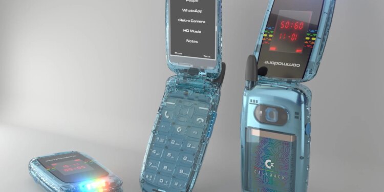 Three translucent blue flip phones, in various states of openness.