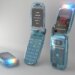 Three translucent blue flip phones, in various states of openness.