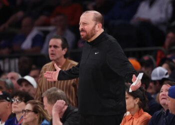 New York Knicks coach Tom Thibodeau on the sidelines.