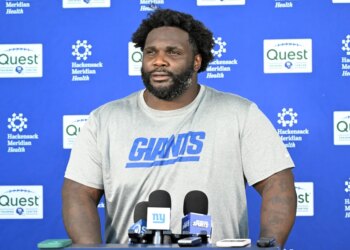 Defensive lineman D.J. Reader talks to the media after the Giants' OTA practice on June 3, 2026.