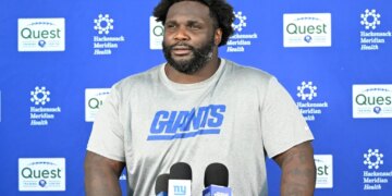 Defensive lineman D.J. Reader talks to the media after the Giants' OTA practice on June 3, 2026.