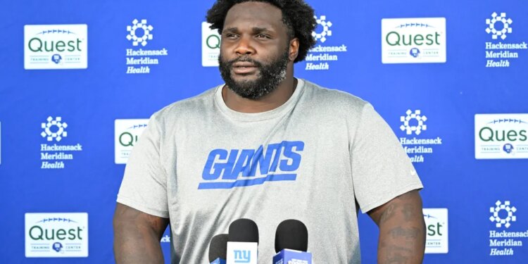 Defensive lineman D.J. Reader talks to the media after the Giants' OTA practice on June 3, 2026.