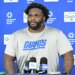 Defensive lineman D.J. Reader talks to the media after the Giants' OTA practice on June 3, 2026.