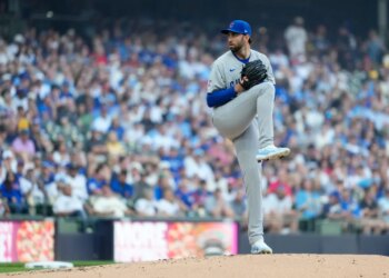 Chicago Cubs' David Peterson in his pitching motion on the mound.
