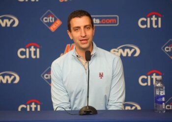 David Stearns, President of Baseball Operations for the New York Mets, speaks at a press conference.