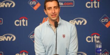 David Stearns, President of Baseball Operations for the New York Mets, speaks at a press conference.