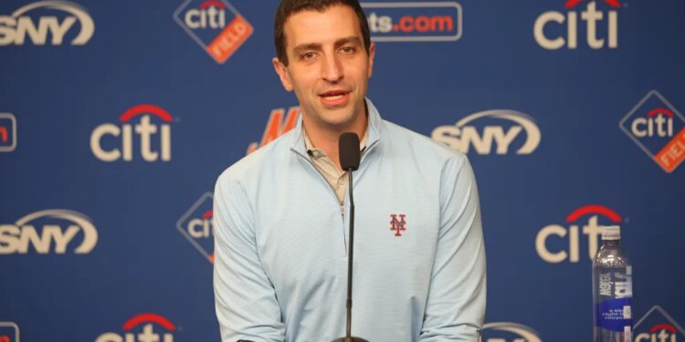 David Stearns, President of Baseball Operations for the New York Mets, speaks at a press conference.