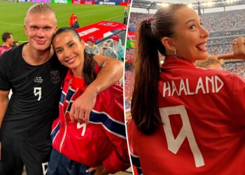 Erling Haaland’s girlfriend Isabel wears custom Norway jacket France World Cup game