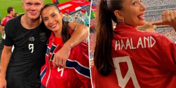 Erling Haaland’s girlfriend Isabel wears custom Norway jacket France World Cup game