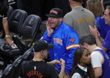 New York Knicks vs. San Antonio Spurs at the Frost Bank Center in San Antonio, Texas - Rapper Fat Joe reacts before the start of the first quarter.