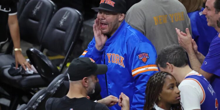 New York Knicks vs. San Antonio Spurs at the Frost Bank Center in San Antonio, Texas - Rapper Fat Joe reacts before the start of the first quarter.