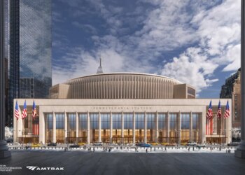 Illustration of the proposed Penn Station redevelopment, showing a grand stone facade with large windows, American flags, and a street scene with pedestrians and cars.