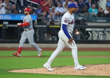 Freddy Peralta gives up a two-run home run to Alec Burleson during the fifth inning of Mets' 7-0 loss to the Cardinals on June 9, 2026 at Citi Field.