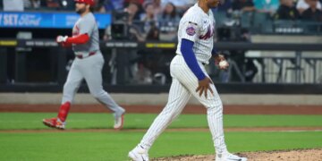 Freddy Peralta gives up a two-run home run to Alec Burleson during the fifth inning of Mets' 7-0 loss to the Cardinals on June 9, 2026 at Citi Field.