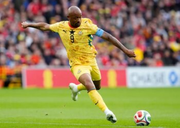 Ghana's Jordan Ayew attempts a shot on goal during an international friendly soccer match against Wales.