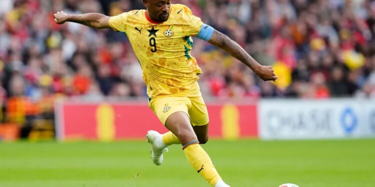 Ghana's Jordan Ayew attempts a shot on goal during an international friendly soccer match against Wales.